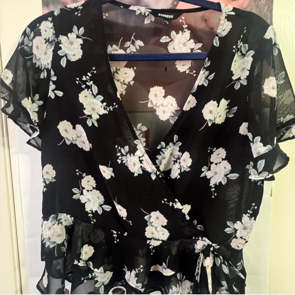 Express Black and White Floral Wrap Blouse